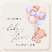 ベビーベア，かわいいクマ，紫色の風船，赤ちゃんシャワー スクエアペーパーコースター (正面)