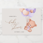 ベビーベア，かわいいクマ，紫色の風船，赤ちゃんシャワー スパークリングワインラベル (シングルラベル)