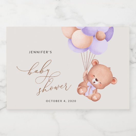 ベビーベア,かわいいクマ,紫色の風船,赤ちゃんシャワー スパークリングワインラベル (シングルラベル)