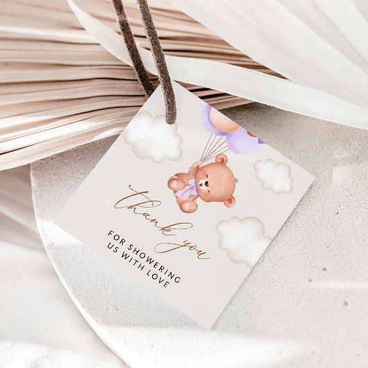 ベビーベア,かわいいクマ,紫色の風船,赤ちゃんシャワー フェイバータグ