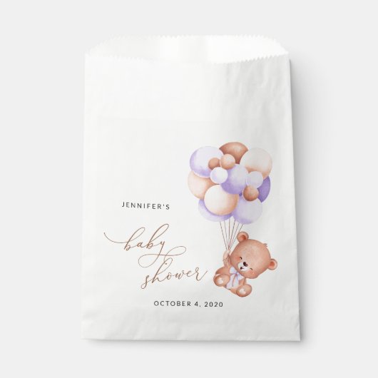 ベビーベア，かわいいクマ，紫色の風船，赤ちゃんシャワー フェイバーバッグ (正面)