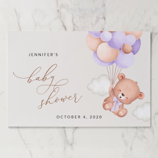 ベビーベア，かわいいクマ，紫色の風船，赤ちゃんシャワー ペーパーパッド (正面)