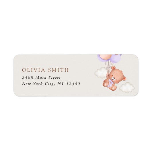 ベビーベア,かわいいクマ,紫色の風船,赤ちゃんシャワー ラベル (正面)