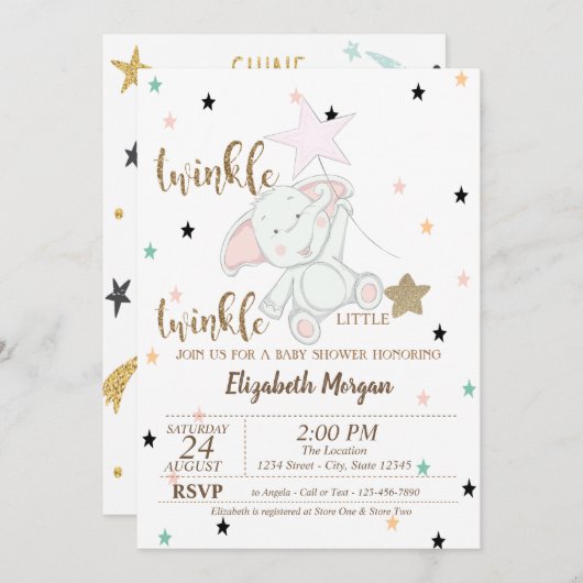 ベビーベア、きらめく小さな星の赤ちゃんシャワー 招待状 (正面/裏面)