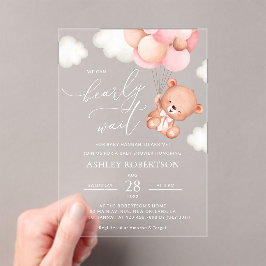 ベビーベア，テディベア，ピンクバルーン，ベビーシャワー アクリル招待状
