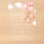 ベビーベア，テディベア，ピンクバルーン，ベビーシャワー アクリル招待状 (正面)