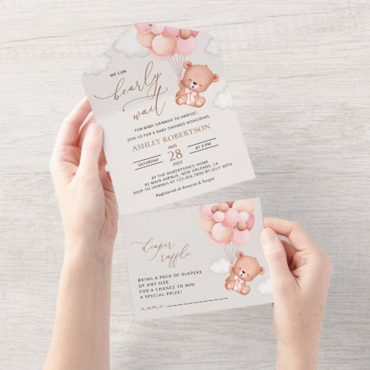 ベビーベア,テディベア,ピンクバルーン,ベビーシャワー オールインワン招待状 (貼ってはがせる)