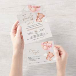 ベビーベア，テディベア，ピンクバルーン，ベビーシャワー オールインワン招待状