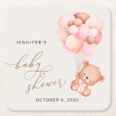 ベビーベア,テディベア,ピンクバルーン,ベビーシャワー スクエアペーパーコースター (正面)