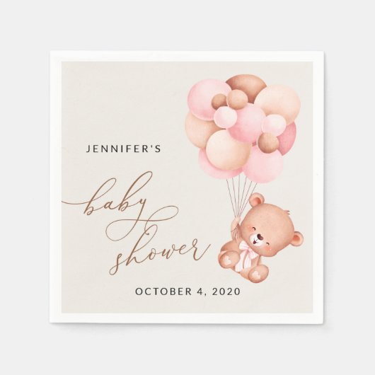ベビーベア,テディベア,ピンクバルーン,ベビーシャワー スタンダードカクテルナプキン (正面)