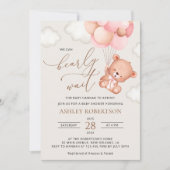 ベビーベア，テディベア，ピンクバルーン，ベビーシャワー 招待状 (正面)