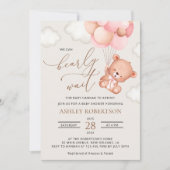 ベビーベア，テディベア，ピンクバルーン，ベビーシャワー 招待状 (正面)