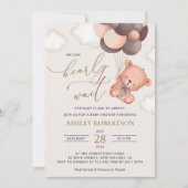 ベビーベア、テディベア、ブラウンバルーン、ベビーシャワー 招待状 (正面)