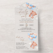 ベビーベア、テディベア、ブルーバルーン、ベビーシャワー オールインワン招待状 (内側)