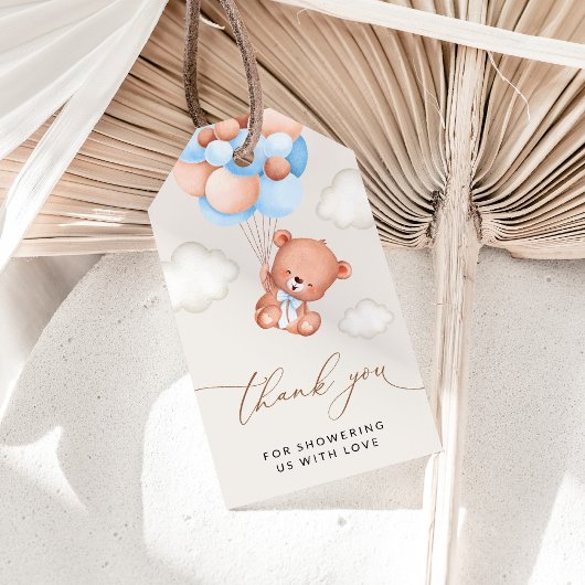ベビーベア、テディベア、ブルーバルーン、ベビーシャワー ギフトタグ