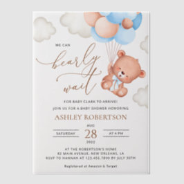 ベビーベア、テディベア、ブルーバルーン、ベビーシャワー ベラム紙招待状