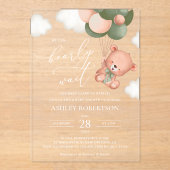 ベビーベア，テディベア，緑の風船，赤ちゃんシャワー アクリル招待状 (正面)
