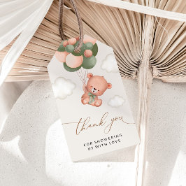 ベビーベア，テディベア，緑の風船，赤ちゃんシャワー ギフトタグ