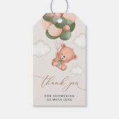ベビーベア，テディベア，緑の風船，赤ちゃんシャワー ギフトタグ (正面)