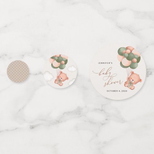 ベビーベア，テディベア，緑の風船，赤ちゃんシャワー コンフェッティ (裏面)