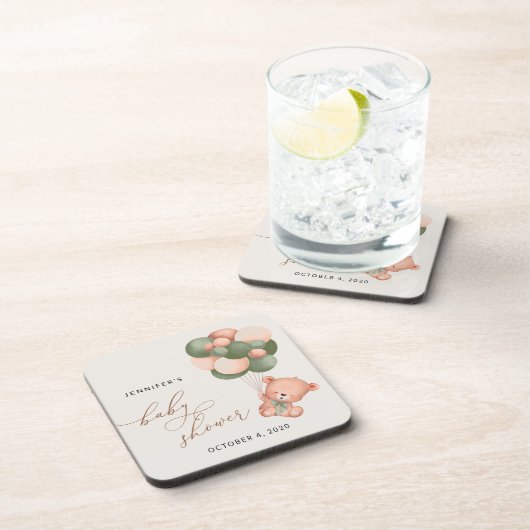 ベビーベア，テディベア，緑の風船，赤ちゃんシャワー コースター (右側)