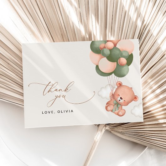 ベビーベア,テディベア,緑の風船,赤ちゃんシャワー サンキューカード