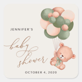 ベビーベア，テディベア，緑の風船，赤ちゃんシャワー スクエアシール