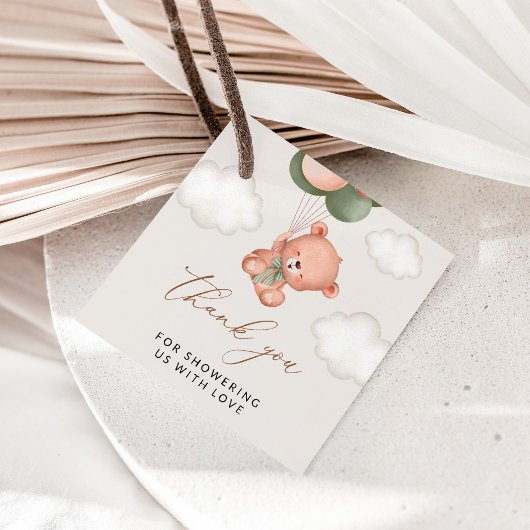 ベビーベア，テディベア，緑の風船，赤ちゃんシャワー フェイバータグ