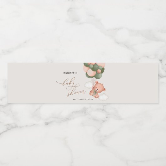 ベビーベア，テディベア，緑の風船，赤ちゃんシャワー ペットボトルラベル (シングルラベル)