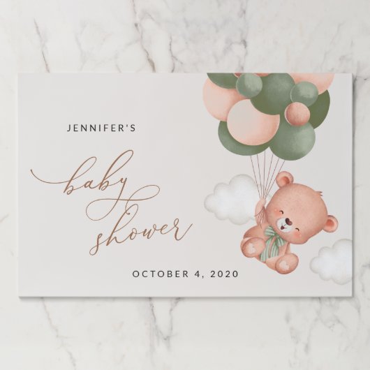 ベビーベア，テディベア，緑の風船，赤ちゃんシャワー ペーパーパッド (正面)