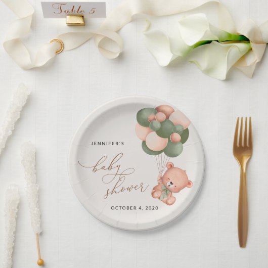 ベビーベア,テディベア,緑の風船,赤ちゃんシャワー ペーパープレート (ウェディング)