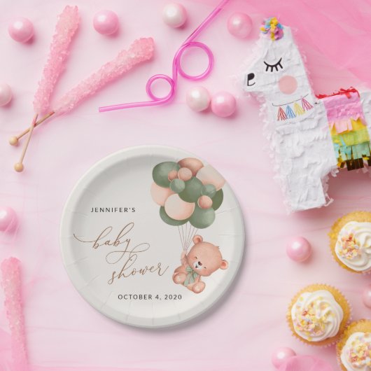 ベビーベア,テディベア,緑の風船,赤ちゃんシャワー ペーパープレート (パーティー)