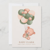 ベビーベア，テディベア，緑の風船，赤ちゃんシャワー 招待状 (裏面)