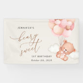 ベビーベア、ピンクバルーン、最初の誕生日歓迎 横断幕 (横)