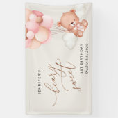 ベビーベア、ピンクバルーン、最初の誕生日歓迎 横断幕 (縦)