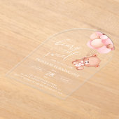 ベビーベア、ピンクバルーン、第1誕生日 アクリル招待状 (レイダウン)