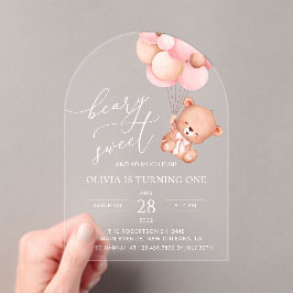 ベビーベア、ピンクバルーン、第1誕生日 アクリル招待状
