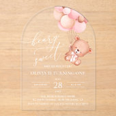 ベビーベア、ピンクバルーン、第1誕生日 アクリル招待状 (正面)