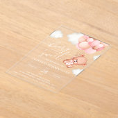 ベビーベア、ピンクバルーン、第1誕生日 アクリル招待状 (レイダウン)