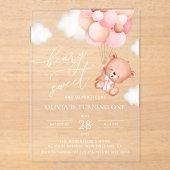 ベビーベア、ピンクバルーン、第1誕生日 アクリル招待状 (正面)