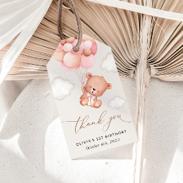 ベビーベア、ピンクバルーン、第1誕生日 ギフトタグ