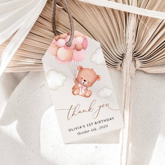 ベビーベア、ピンクバルーン、第1誕生日 ギフトタグ