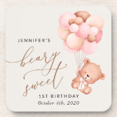 ベビーベア、ピンクバルーン、第1誕生日 コースター (正面)