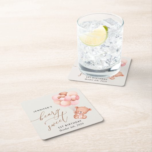 ベビーベア、ピンクバルーン、第1誕生日 スクエアペーパーコースター (インサイチュ)