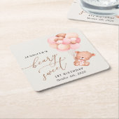 ベビーベア、ピンクバルーン、第1誕生日 スクエアペーパーコースター (アングル)