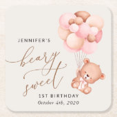 ベビーベア、ピンクバルーン、第1誕生日 スクエアペーパーコースター (正面)