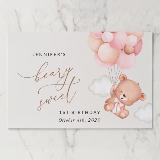 ベビーベア、ピンクバルーン、第1誕生日 ペーパーパッド (正面)