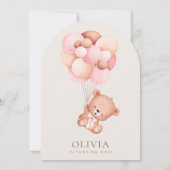 ベビーベア、ピンクバルーン、第1誕生日 招待状 (裏面)