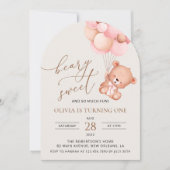 ベビーベア、ピンクバルーン、第1誕生日 招待状 (正面)