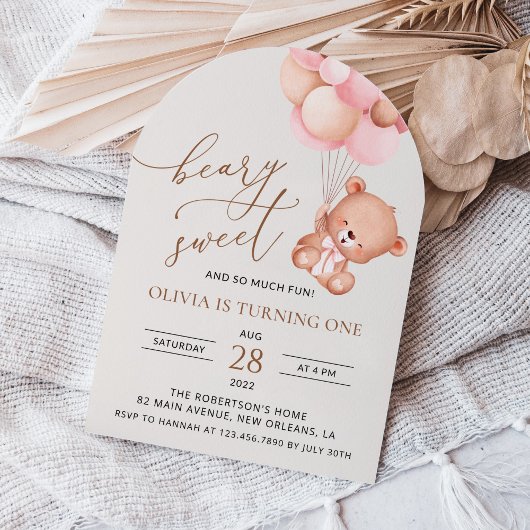 ベビーベア、ピンクバルーン、第1誕生日 招待状